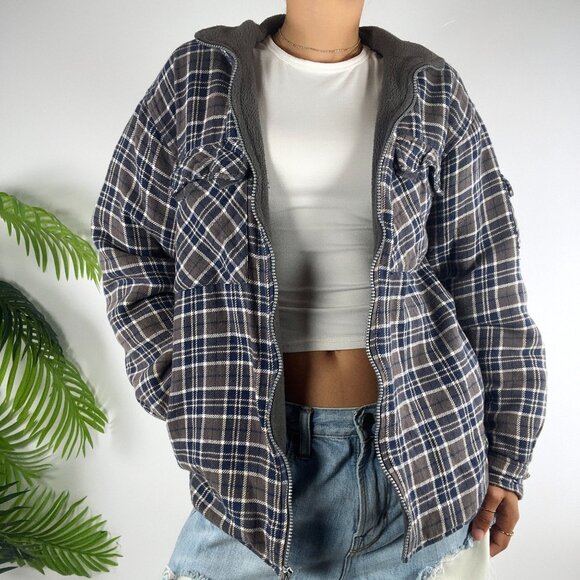 Vintage 90s Grunge Indie Granola Girl Gorpcore Casual Flannel Zip Up Shacket / L - Picture 1 of 8
